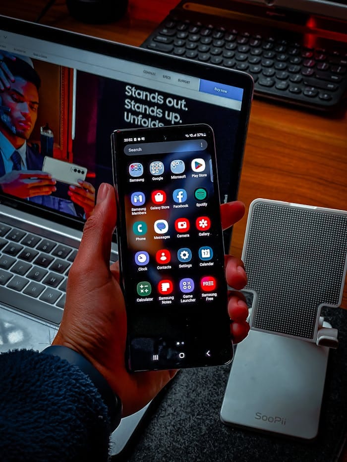 Close-up of a smartphone screen showcasing various apps in a tech-savvy workspace.